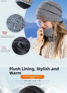 Vue détaillée de l'ensemble bonnet en tricot gris foncé avec doublure en peluche chaude