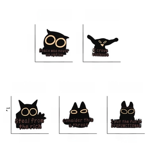 Detailed size chart for five black cat enamel pins with humorous text and dimensions