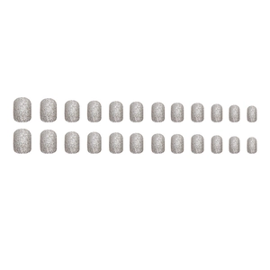Short round silver glitter press-on nails set with 24 pieces in various sizes