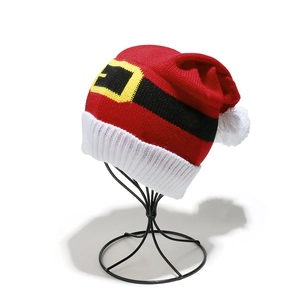 Knitted Christmas Santa hat and scarf set with belt pattern and white pom-pom detail