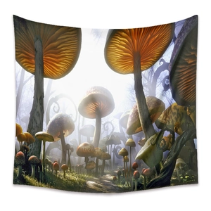 Detail of magical forest tapestry with glowing mushrooms and dreamy purple background