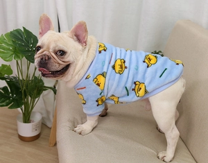 Vue détaillée d'un pull en peluche bleu clair avec canard pour bouledogue français