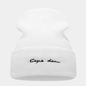 White knit beanie with black Carpe Diem embroidery on the folded brim for couples