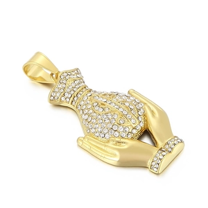 Hiphop gold pendant with iced-out dollar money bag held by hands for men necklace