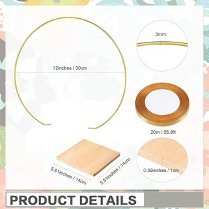DIY metal floral hoop centerpiece with 12 inch gold ring, wood base and 65ft ribbon set