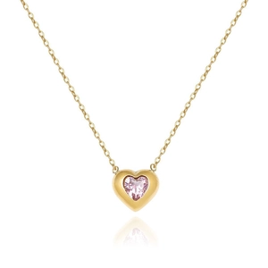 18K gold plated titanium necklace with pink heart gemstone pendant on white background