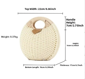 Detailed size chart of cream round straw handbag with dimensions and leather buckle