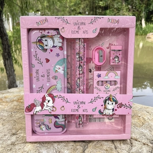 Pink unicorn stationery gift set for kids, includes pencil case, pencils, ruler, and eraser.