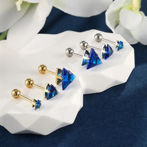 Triangle blue crystal stud earrings in gold and silver finish with screw backs