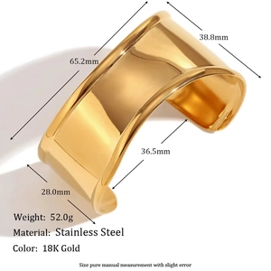 Macro side view of thick 18K gold plated stainless steel wavy bangle with precise measurements
