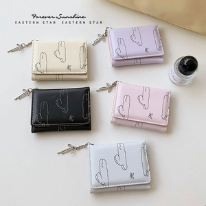 Women Trifold Short Wallet PU Leather Cute Rabbit Cloud Print Bowknot Pendant Purse With Heart Photo Slot Card Holder