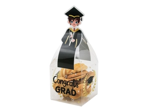 Close-up of transparent PVC graduation gift box with Congrats GRAD print and doctor cap design