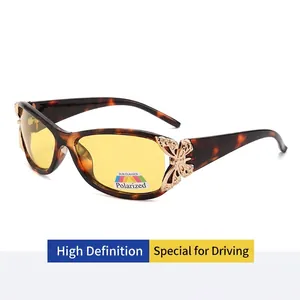 Y2K polarized sunglasses for women with tortoise frames and gold butterfly decor