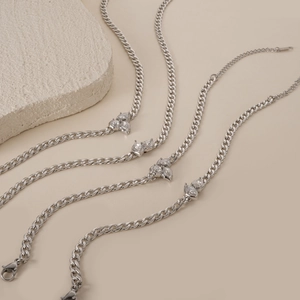 Silver flat Cuban link chain necklaces set with marquise-cut zircon pendants and lobster clasp