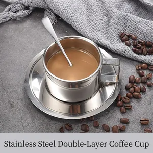 Polished SUS 304 stainless steel double-wall coffee cup set with saucer and spoon