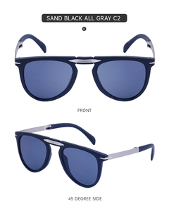 Front and side view of sand black foldable sunglasses with gray lenses C2
