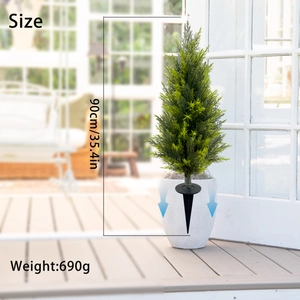 Detail showing 90cm artificial cypress tree size and 690g weight specifications