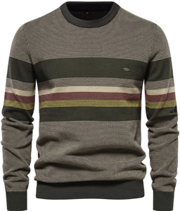 Close-up of multicolor striped knit texture and ribbed crew neck on men's winter sweater