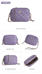 Detailed multi-angle view of purple quilted crossbody bag with gold chain strap