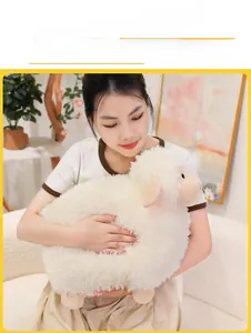 Close-up of soft plush lamb toy fabric held by a model in a cozy home setting