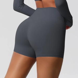 Rear view of high-waisted dark grey yoga shorts with lifting and sculpting effect