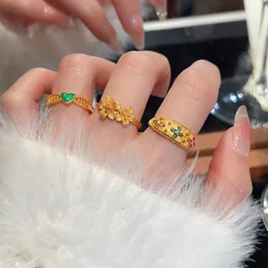 24k gold plated adjustable ring set featuring green heart gem and floral vintage designs