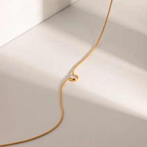 Minimalist 18K gold plated stainless steel snake chain necklace with round crystal pendant