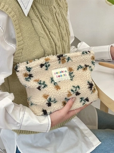 Floral plush cosmetic bag with lamb wool texture and large capacity zipper closure