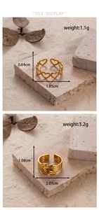 Detail showing two gold plated stainless steel open rings with size and weight specs