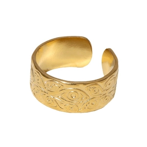 Adjustable gold stainless steel ring with continuous evil eye embossed patterns