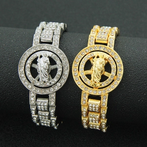 Iced out hip hop cuban chain bracelets with spinning portrait medallions in gold and silver