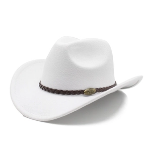 Cappello da cowboy western bianco in feltro con fascia intrecciata e stemma di toro