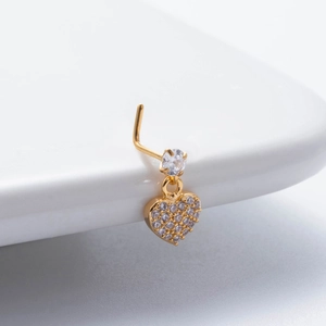 L-shaped gold stainless steel nose stud featuring a sparkling zircon heart dangle pendant