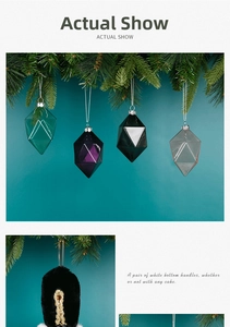 Detail of multi-faceted geometric Christmas glass ornaments hanging from green pine branches