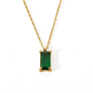 Macro shot of 18K gold-plated stainless steel necklace with green rectangular zircon pendant