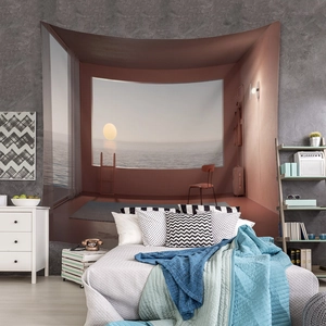 Detail of bohemian tapestry featuring a surreal sunset seascape in a cozy bedroom