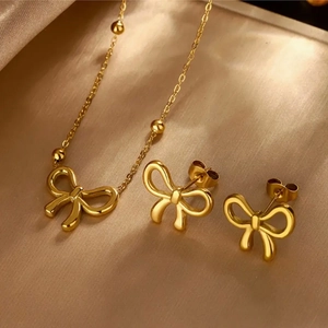 Elegant Bowknot Stainless Steel Gold Plated Necklace And Stud Earrings For Women Minimalist Dainty Fashion Jewelry