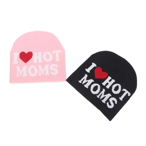 Streetwear knitted beanie featuring I Love Hot Moms jacquard text in black and pink colors