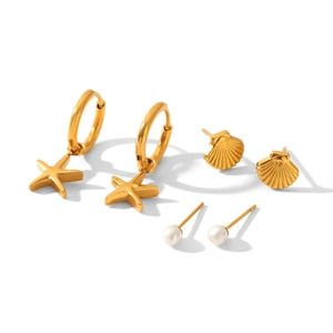 Detailed set of 18k gold plated earrings featuring starfish charms, shells, and white pearls