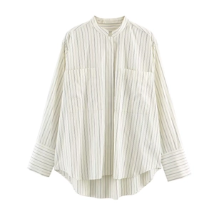 Women Vertical Striped Shirt Stand Collar Double Pockets Long Sleeve Casual Polyester Poplin Blouse Elegant Top