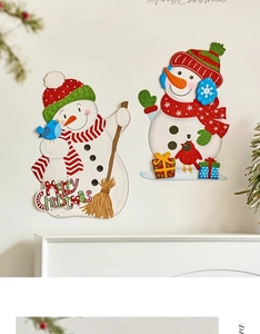 Detail view of snowman wall decorations with glitter finish and Merry Christmas lettering