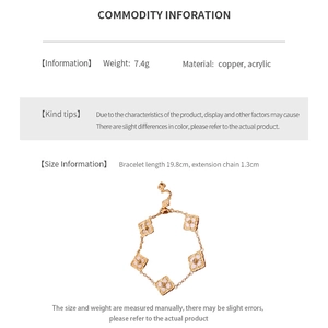 Detailed sizing and material information for 14K gold plated clover charm bracelet