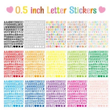Detail view showing grid layout of 0.5 inch glitter alphabet and number stickers in various colors
