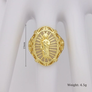 Macro detail of a 23mm hollow gold saint ring with intricate side filigree patterns