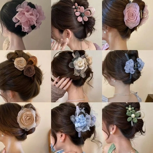 Blumen Haarklaue Clip Organza Stoff Kunstperle Feder Quaste Eleganter Hai Haarnadel Accessoires Für Frauen