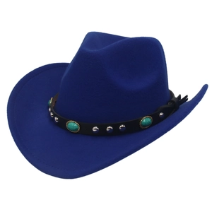 Detail of dark blue felt cowboy hat with silver studs and turquoise stone embellishments