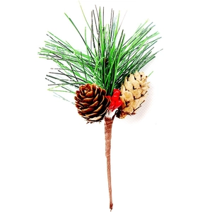 Detailed view of PVC pine needles with natural brown cones and bright red berries