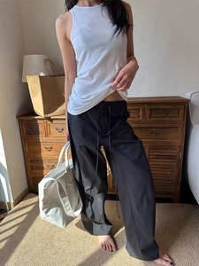 Women Retro Cotton Casual Wide Leg Pants Loose Fit Drawstring Waist Straight Curved Leg Cargo Trousers Minimalist