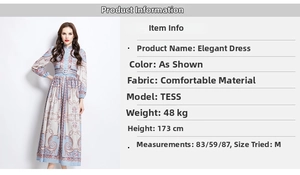 Detailed size chart for baroque print dress with model height 173cm and trial size M