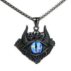 Vintage punk necklace with blue evil eye and triple skulls in dark titanium steel finish